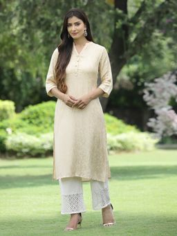 Juniper - Ivory Ethnic Motif Printed Rayon Jacquard Kurta