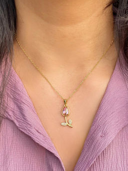 Inaya Accessories - 18Kt Gold Plated Pink Dainty Crystal Tulip Pendant Necklace