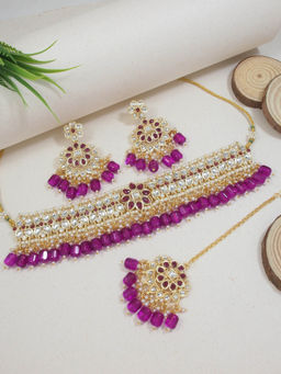 I Jewels - Wine Traditional Gold Plated Kundan and Pearl Choker Jewellery Set
