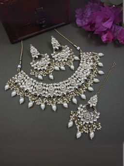 I Jewels - Gold Plated Traditional Kundan White Pearl Bridal Jewellery Set