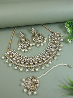 I Jewels - Gold Plated Traditional Kundan White Pearl Bridal Jewellery Set