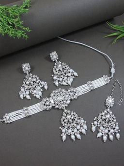 I Jewels - White Traditional Silver Plated Kundan and Pearl Jewellery Set