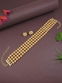 I Jewels - Gold Plated Traditional Pearl Beaded Choker Jewellery Set