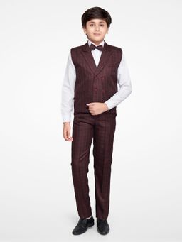 Jeetethnics - Boys Maroon Checked Waistcoat With Shirt & Trousers (Set of 4)