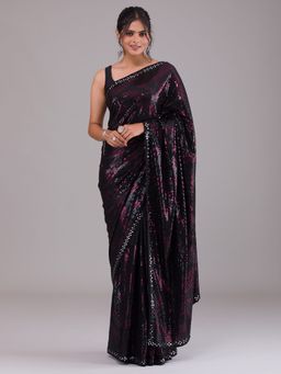 Koskii - Black Sequin Georgette Saree With Unstitched Blouse