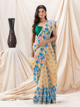 Angoshobha - Traditional Tan Creeper Soft Dhakai Jamdani Saree with Unstitched Blouse