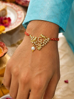 Digital Dress Room - G Letter Bird Pearl and Stone Design Rakhi
