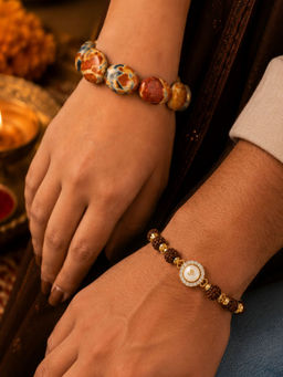 Digital Dress Room - Bhaiya Bhabhi Om Rudraksha Stone Heart Bracelet Rakhis (Pack Of 2)