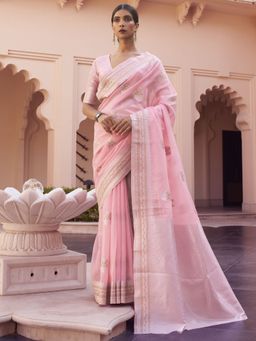 Akhilam - Womens Linen Blend Pink Woven Designer Saree with Unstitched Blouse
