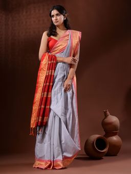 CHARUKRITI - Steel Grey Cotton Silk Handwoven Saree with Nakshi Borders with Unstitched Blouse