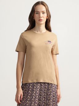 GANT - Women Beige Solid Round Neck Short Sleeves T-Shirt