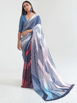 Sareemall - Pink And Blue Party Satin Printed Saree With Unstitched Blouse with Unstitched