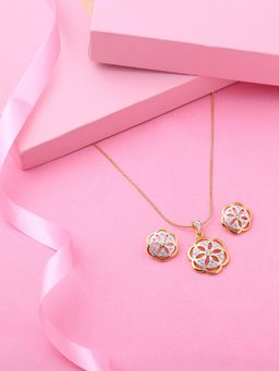 Estele - Gold and Rhodium Plated Flower Shaped Pendant Necklace with Crystals for Women (Set of 2)