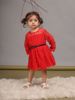 Budding Bees - Girls Full Sleeves Poly Nylon Mesh Dress - Red