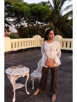 Miri - Tan Hand Embroidered Hummingbird Venice Sling Bag with Detachable Straps