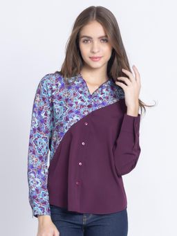 SHAYE - V-Neck Purple Print Long Sleeves Casual Shirt for Women