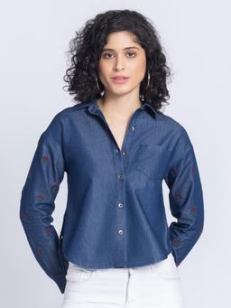 SHAYE - Shirt Collar Blue Embroidered Long Sleeves Casual Shirt for Women