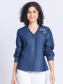 SHAYE - V-Neck Blue Embroidered Long Sleeves Casual Shirt for Women