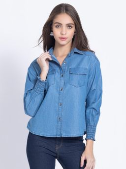 SHAYE - Shirt Collar Blue Solid Long Sleeves Casual Shirt for Women
