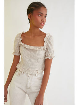 Trendyol - Stone Gingham Puff Sleeve Top (UK 8)