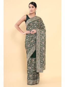 Soch - Women Green Georgette Embroidered Saree with Unstitched Blouse
