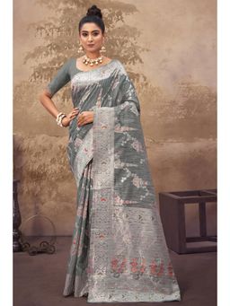 Sangam Prints - Grey Cotton Silk Woven Zari Work Traditional Saree with Unstitched Blouse