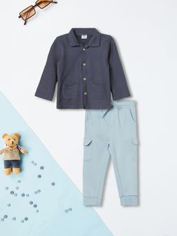 max - Navy Blue Printed Regular Cotton T-Shirt with Shirt and Joggers