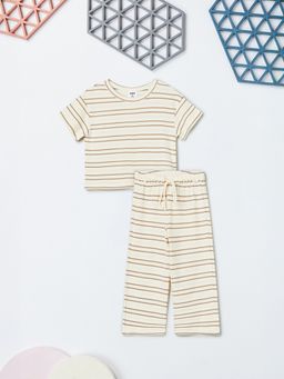 max - Beige Stripes Regular Cotton Blend T-shirt and Pant