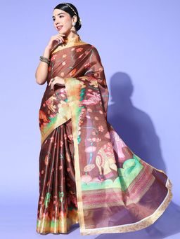 Odette - Cotton Linen Brown Printed Saree with Unstitched Blouse