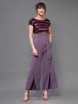 Miss Chase - Women's Purple Short Sleeve Embellished Front Slit Fringed Regular Jumpsuit