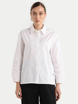 RAREISM - Avilon Women Pastel White Solid Boxy Spread Collar Shirt