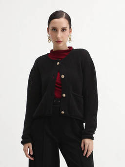 RAREISM - Women's Chetza Black Cotton Crew Neck Relaxed Fit Cardigan