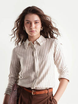 RAREISM - Fist Women Beige Striped Spread Collar Relaxed Shirt