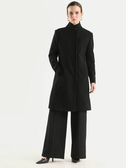 RAREISM - Monchy Women Black Solid High Neck Regular Fit Overcoat