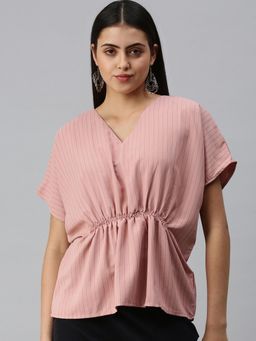 SHOWOFF - Women V-Neck Flare Sleeves Stripes Mauve Top