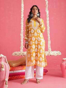ADA - Hand Embroidered Mustard and White Georgette Lucknowi Chikankari Kurta With Slip