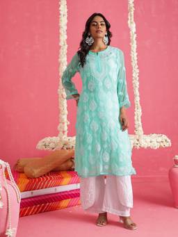 ADA - Hand Embroidered Sea green and White Georgette Lucknowi Chikankari Kurta With Slip