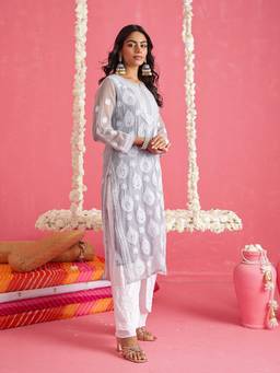ADA - Hand Embroidered Grey and White Georgette Lucknowi Chikankari Kurta With Slip