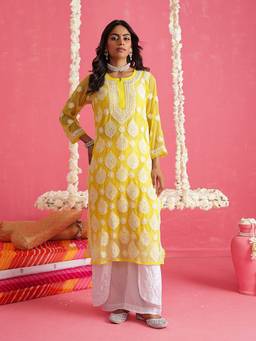 ADA - Hand Embroidered Yellow and White Georgette Lucknowi Chikankari Kurta With Slip