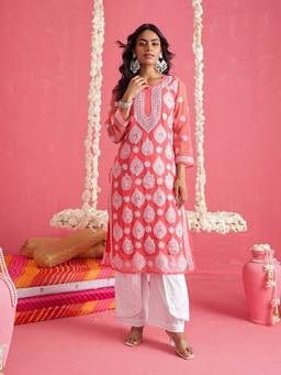 ADA - Hand Embroidered Carrot Pink and White Georgette Lucknowi Chikankari Kurta With Slip
