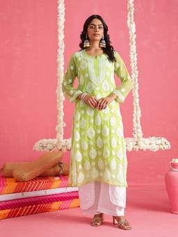 ADA - Hand Embroidered Green and White Georgette Lucknowi Chikankari Kurta With Slip