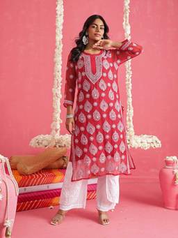 ADA - Hand Embroidered Green and White Georgette Lucknowi Chikankari Kurta With Slip