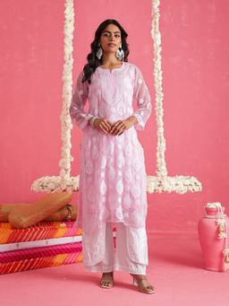 ADA - Hand Embroidered Pink and White Georgette Lucknowi Chikankari Kurta With Slip