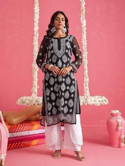 ADA - Hand Embroidered Black and White Georgette Lucknowi Chikankari Kurta With Slip