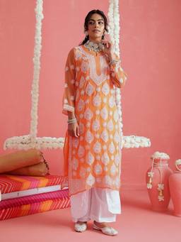 ADA - Hand Embroidered Orange and White Georgette Lucknowi Chikankari Kurta With Slip