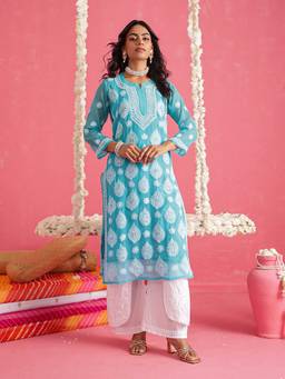 ADA - Hand Embroidered Blue and White Georgette Lucknowi Chikankari Kurta With Slip