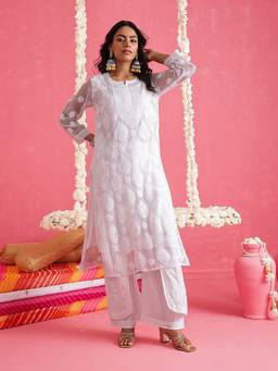 ADA - Hand Embroidered White Georgette Lucknowi Chikankari Kurta With Slip