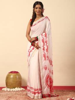 Garden VARELI - Women's White Art Silk Abstract Print Saree