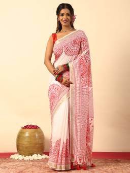 Garden VARELI - Women's White Art Silk Ethnic Saree