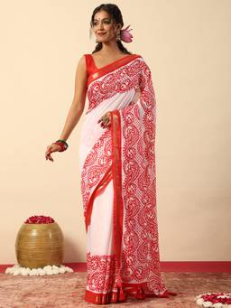 Garden VARELI - Women's Art Silk Floral White Saree